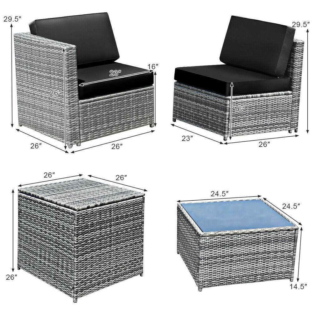 6-Piece Black Wicker Rattan Outdoor Sofa Set with Storage Table