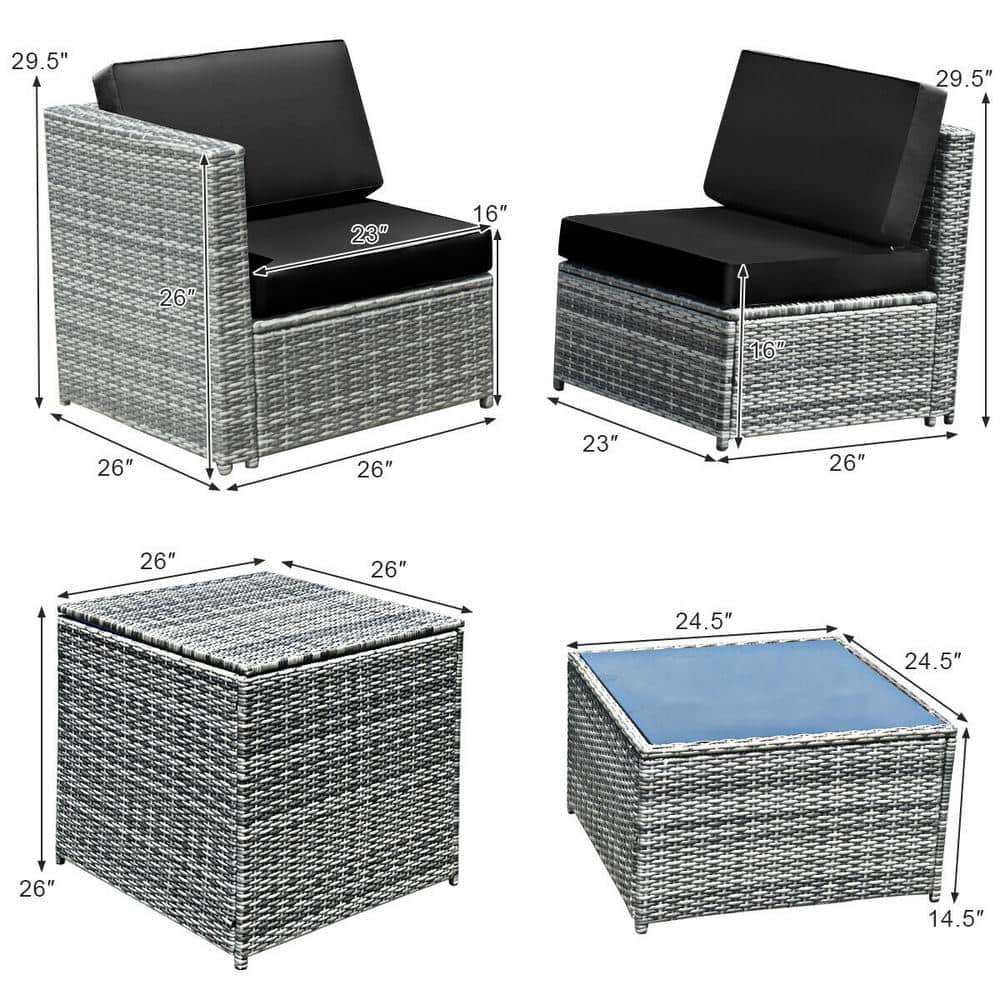 6-Piece Black Wicker Rattan Outdoor Sofa Set with Storage Table