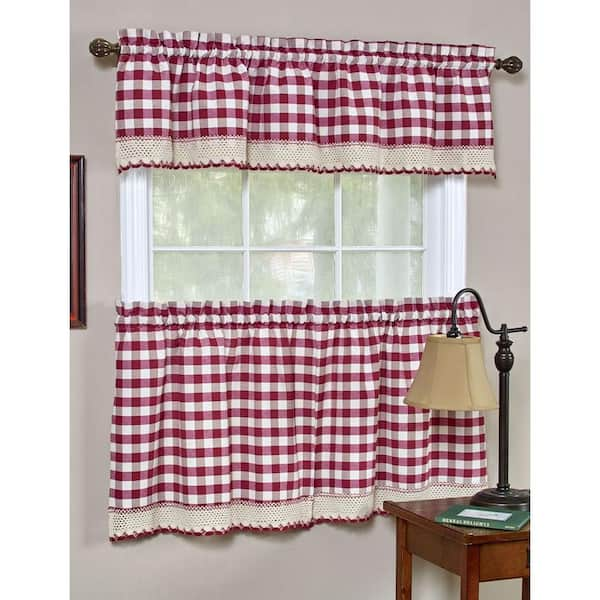 Buffalo Check Burgundy Polyester/Cotton Light Filtering Rod Pocket Curtain  Tier Pair 58 in. W x 36 in. L