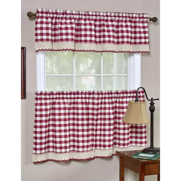 ACHIM Buffalo Check Burgundy Polyester/Cotton Light Filtering Rod Pocket Curtain Tier Pair 58 in. W x 24 in. L