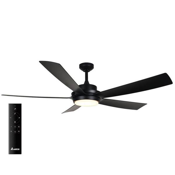 Delta Breez Pleasanton 60 in. Dimmable LED Indoor/Outdoor Matte Black Ceiling Fan with Remote, 6 Speeds, 5 Blades, Reversible Motor