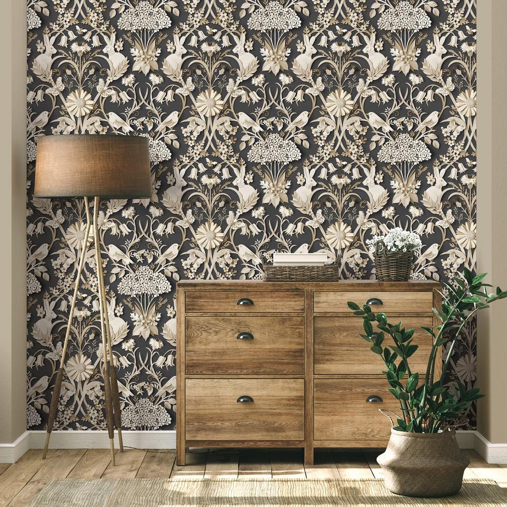 Whimsical Charcoal and White 3D Woodland Wallpaper
