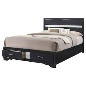 Miranda Black Wood Frame Queen Panel Bed with 2-Drawer