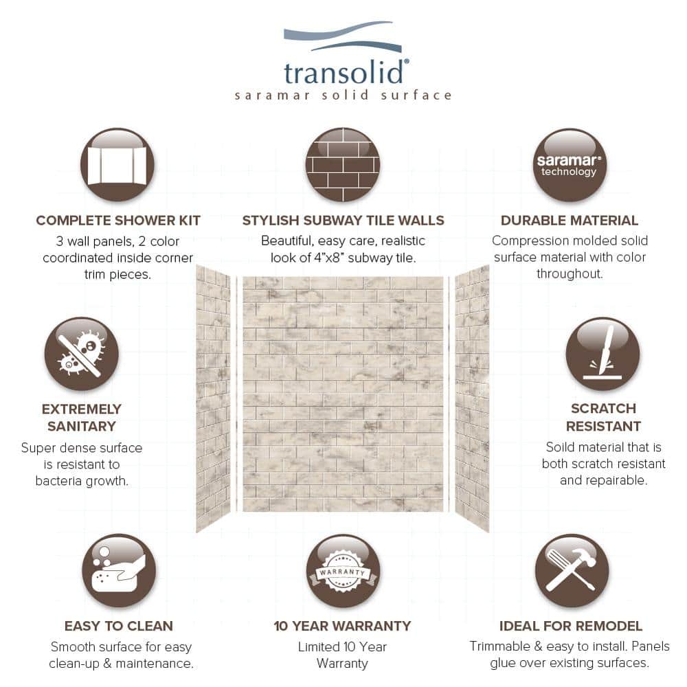 SaraMar Sand Creme 60''x36'' Subway Tile 3-Piece Shower Wall Kit