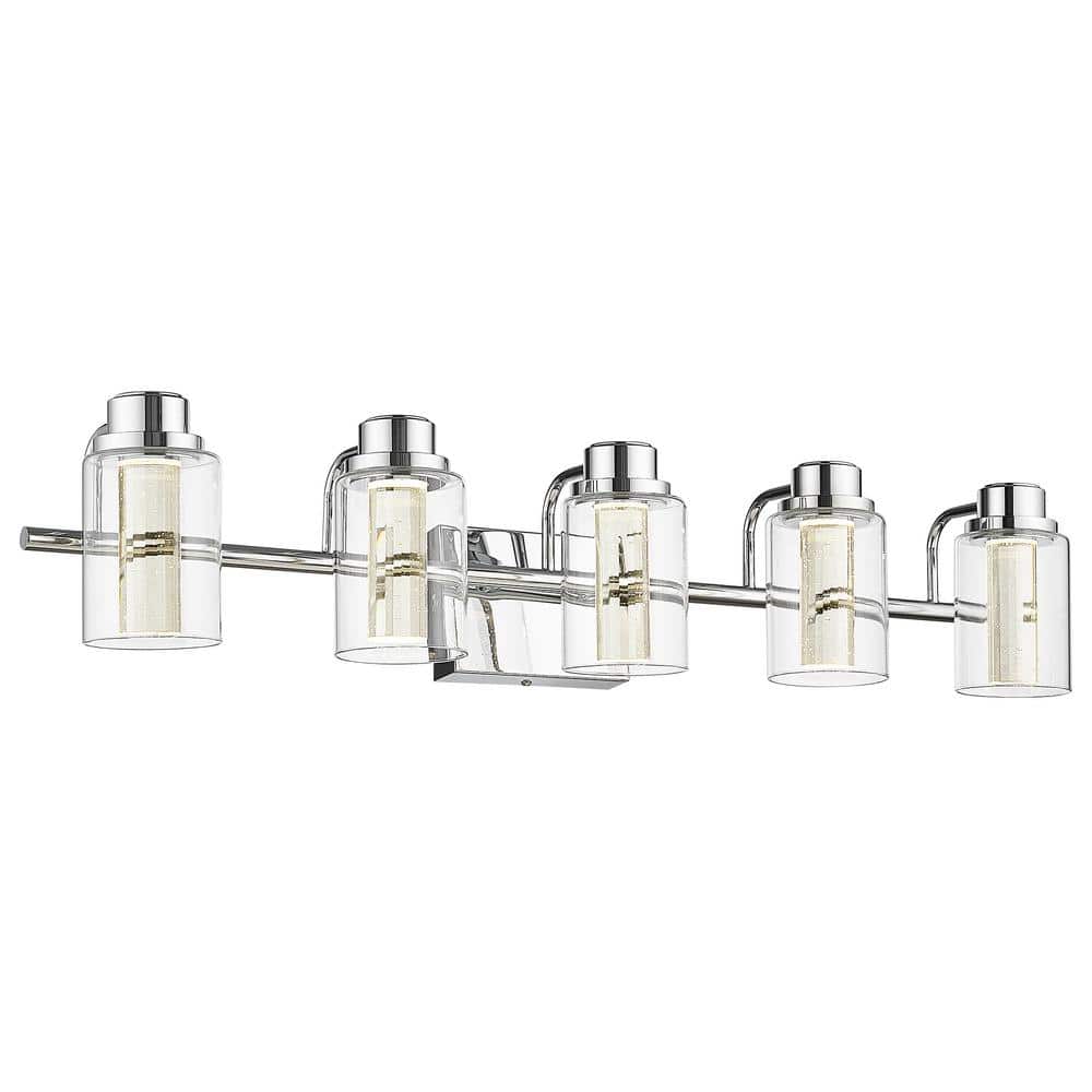 JAZAVA 32 in. 5-Light 3CCT Chrome LED Bathroom Vanity Light Over Mirror ...
