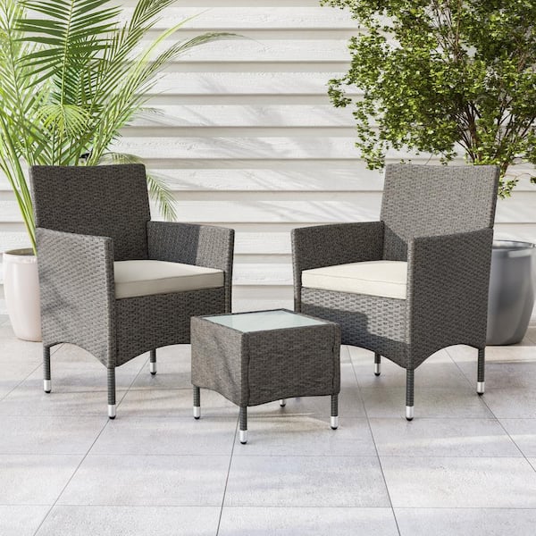 MUSE & LOUNGE Altair Gray 3-Piece Metal Patio Conversation Set with White/Tan Cushions