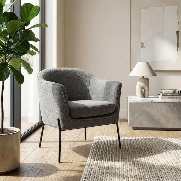Ayame Boucle Fabric with Black Iron Legs Accent Chair in Gray