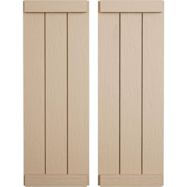 Ekena Millwork 16.5 in. x 26 in. Timberthane Polyurethane 3-Board Joined Board-n-Batten Rough Sawn Faux Wood Shutters, End Batten Pair