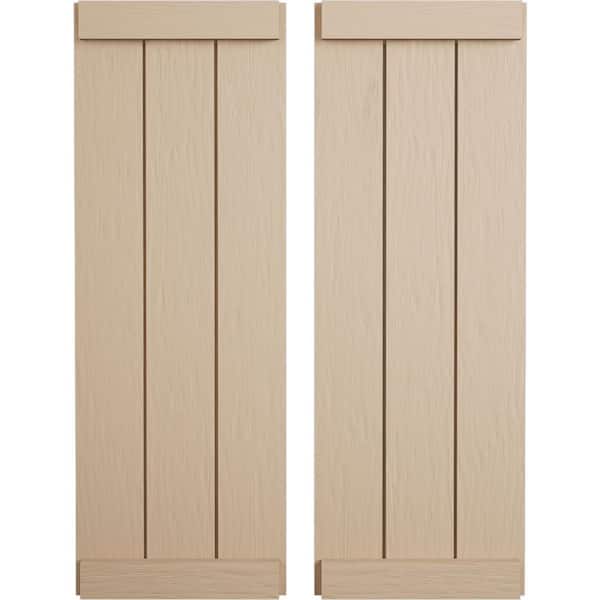 Ekena Millwork 16.5 in. x 86 in. Timberthane Polyurethane 3-Board Joined Board-n-Batten Rough Sawn Faux Wood Shutters, End Batten Pair