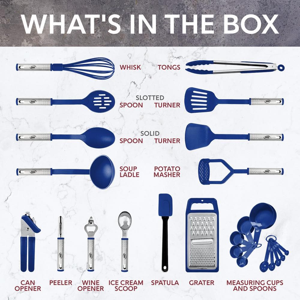 Blue Nylon and Stainless Steel 24-Piece Kitchen Utensil Set