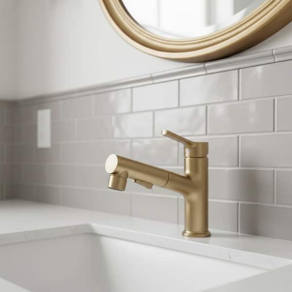 Single Handle Pull Out Sprayer Single Hole Bathroom Faucet Deckplate and Pop Up Drain Included in Brushed Gold