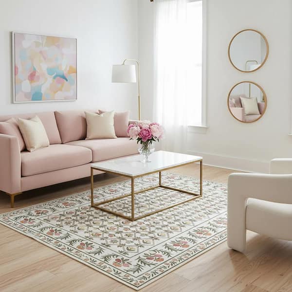 Erina Floral Washable Area Ivory 5 ft. x 7 ft. Indoor Area Rug