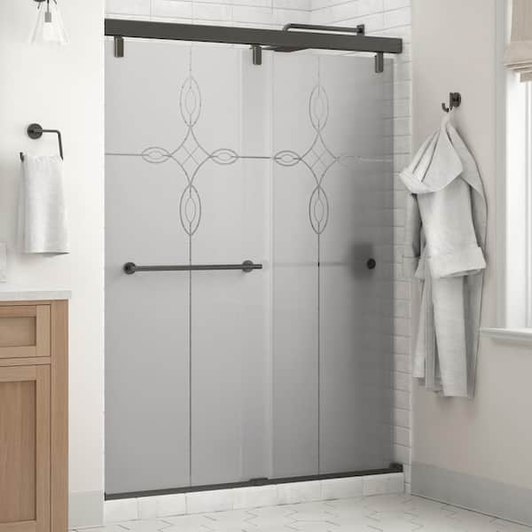 Delta Crestfield Mod 50-1/8 to 58-1/2 in. W x 71-1/2 in. H Soft-Close Frameless Sliding Shower Door, Bronze,Tranquility Glass