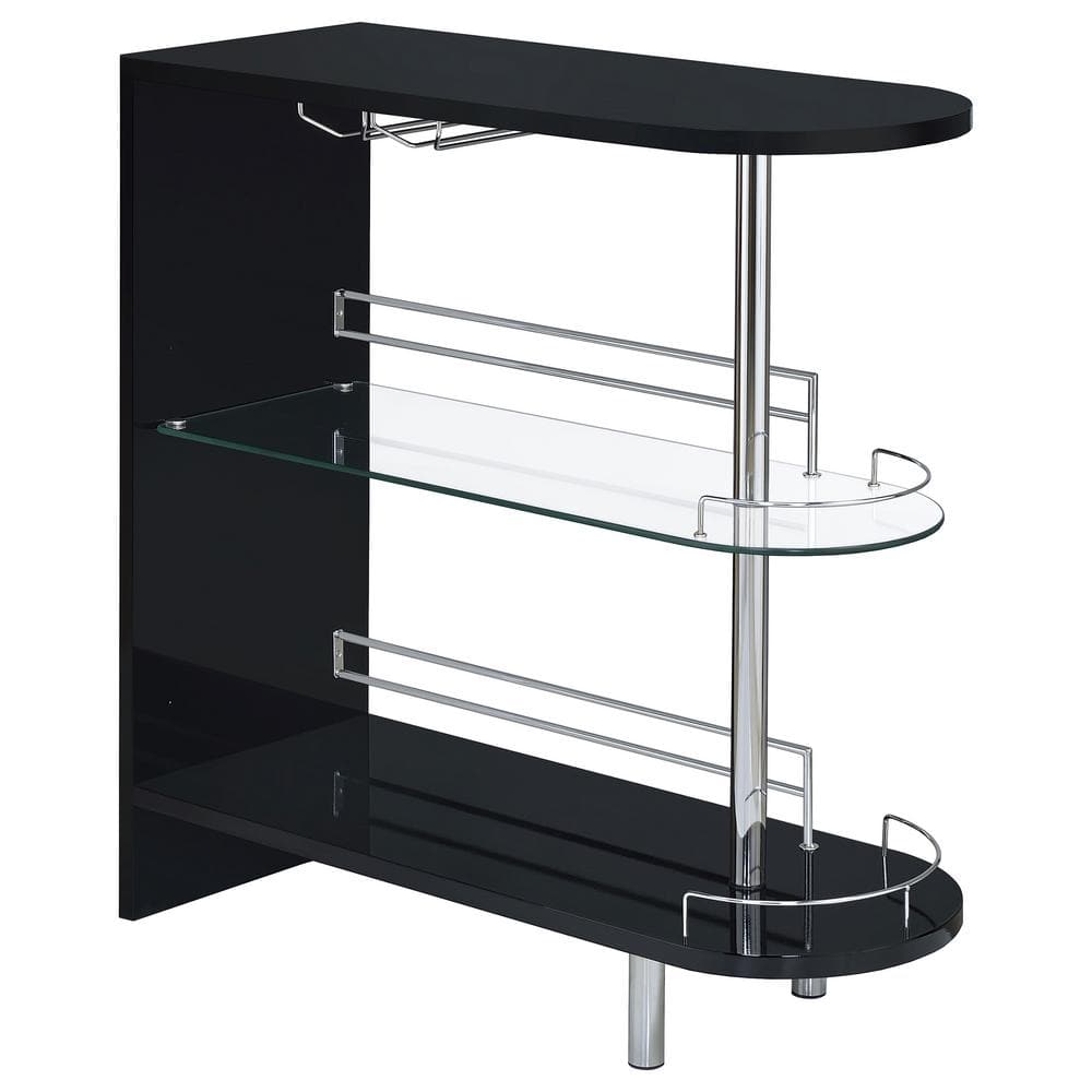 Contemporary Glossy Black Glass-Top Bar Table with Stemware Storage
