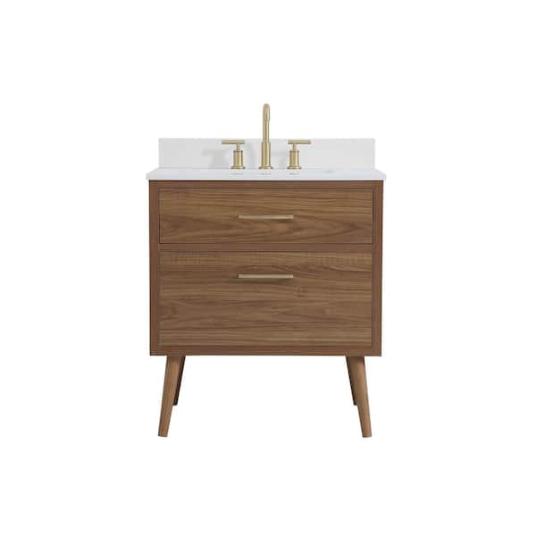Unbranded Simply Living 30 in. W x 22 in. D x 33.5 in. H Bath Vanity in Walnut Brown with Ivory White Engineered Marble Top