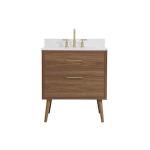 30 in. W Single Bath Vanity in Walnut with Engineered Stone Vanity Top in White with White Basin with Backsplash