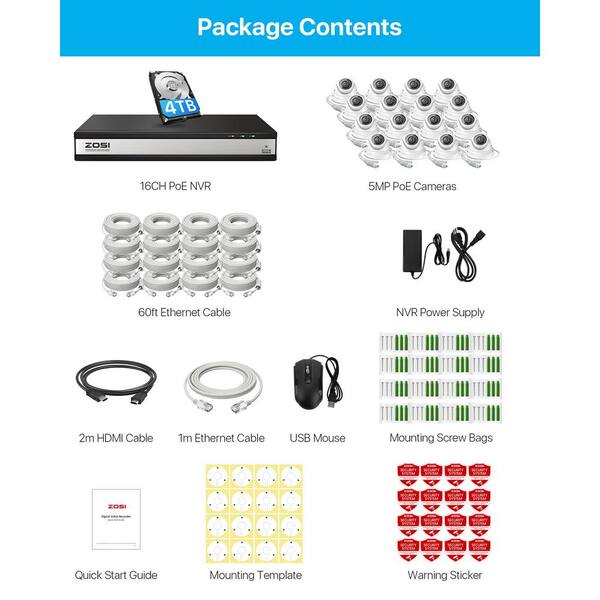 ZOSI 4K 16CH NVR PoE Kit Caméra de Surveillance 12pcs