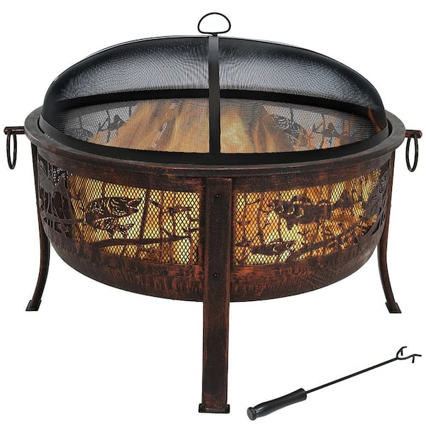 Sunnydaze 30 in. x 25 in. Steel Northwoods Fishing Wood Burning Fire Pit with Spark Screen
