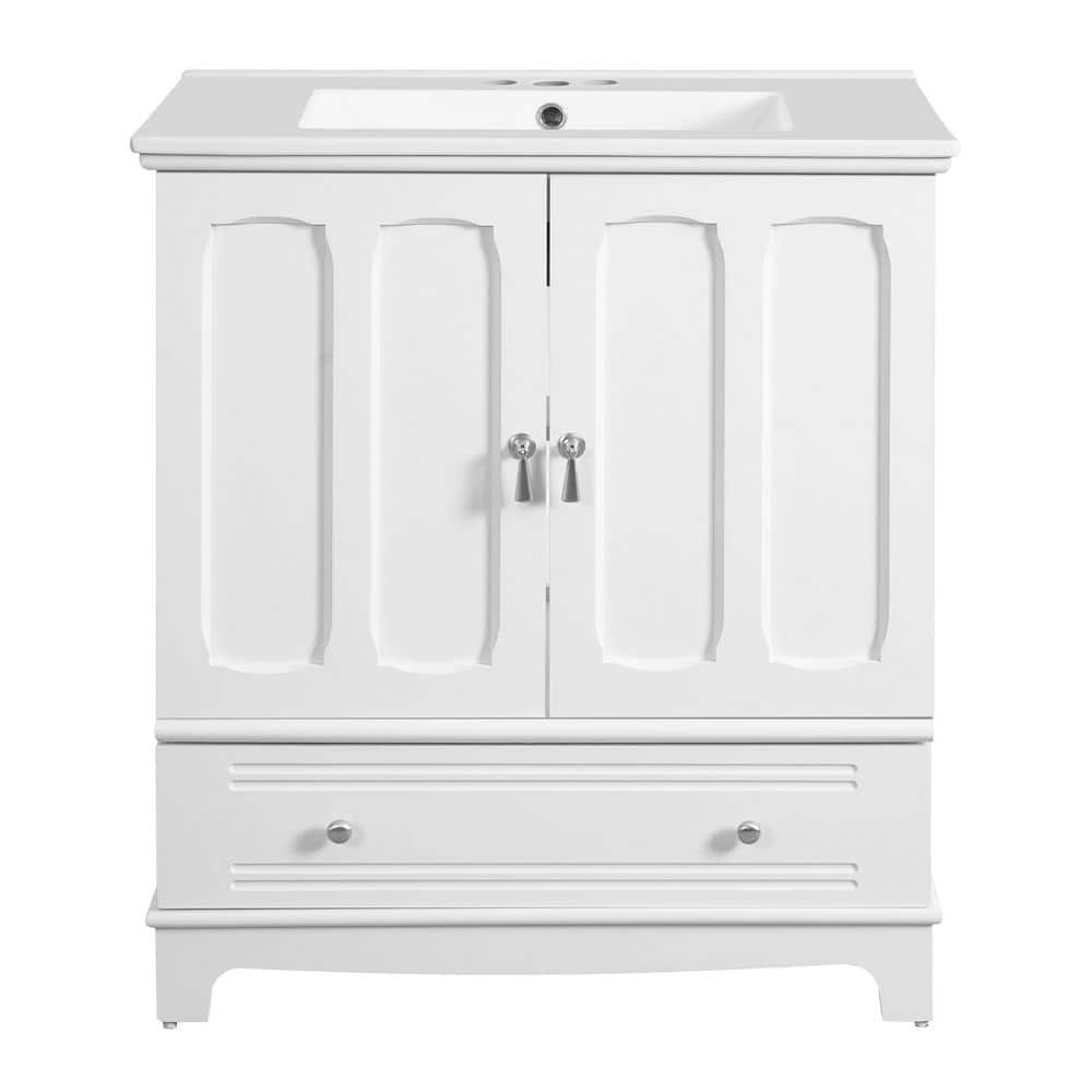30 in. White Wood Rectangle Vessel Sink Bathroom Vanity Combo with Divider, Adjustable Shelf, Drawer price history on PriceWatchPro