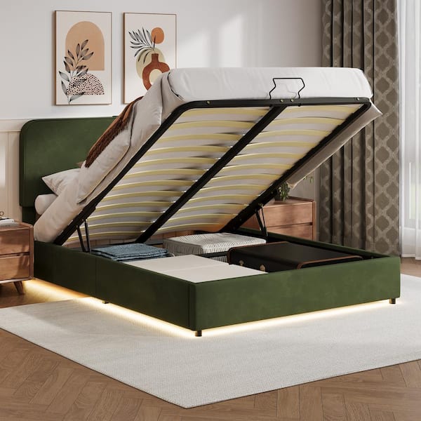 Harper & Bright Designs Green Wood Frame Full Size Upholstered Platform Bed Hydraulic Storage Bed with RGB LED Light and Bluetooth Speaker