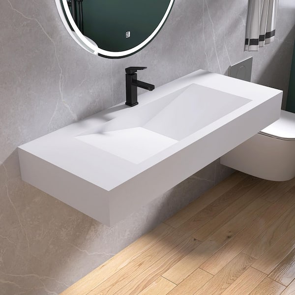 48 in. L x 20 in. W x 6 in. D White Solid Surface Wall-Mounted Bathroom Vessel Sink with Single Faucet Hole