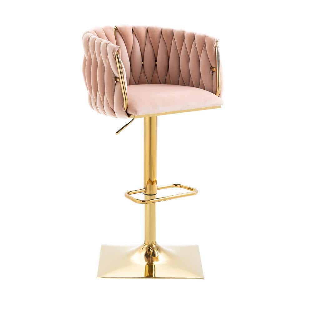 41.34 in. Pink Vintage Woven Back Metal Bar Stool with Footrest Counter Height Dining Chairs Set