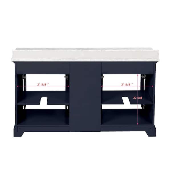 Windlowe 61 in. Double Sink Navy Blue Bath Vanity with White Carrara Marble Top (Assembled)