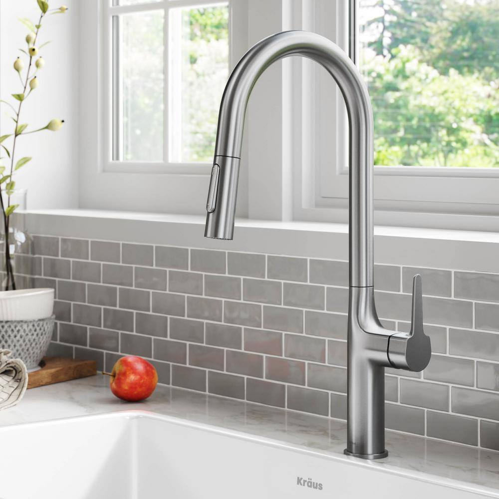 KRAUS Oletto Single Handle Pull Down Sprayer Kitchen Faucet in Spot ...