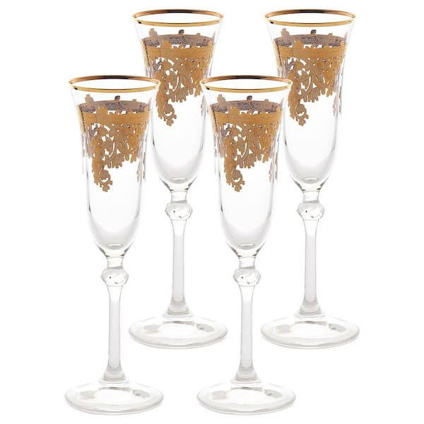 Lorren Home Trends Embellished 24K Gold Crystal Flute Goblets (Set of 4)