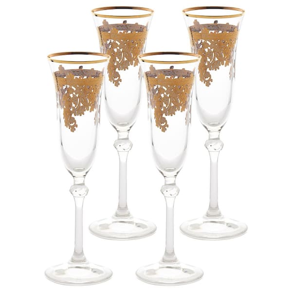 Etched Gold Rim Handcrafted Champagne Flutes - Set of 4