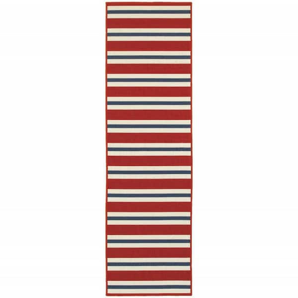 Red, Ivory 2 ft. x 8 ft. Loomed Geometric Polypropylene Rectangle Indoor/Outdoor Area Rug