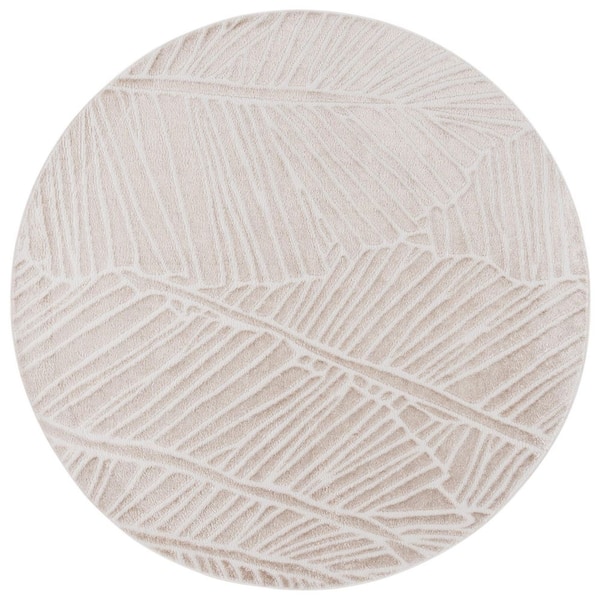 Maya 7 ft. x 7 ft. Ivory Striped Leaf Round Area Rug