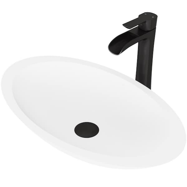 Matte Stone Wisteria Composite Oval Vessel Bathroom Sink in White with Niko Faucet and Pop-Up Drain in Matte Black