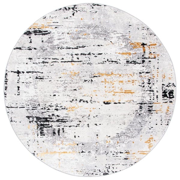 Amelia 3 ft. x 3 ft. Round Gray/Gold Damask Distressed Area Rug