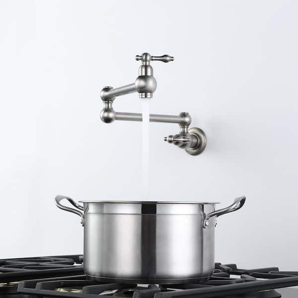 Brass Wall Mount Pot Filler with 2-Aerators and Brass Valve, Double Handle Single Hole Kitchen Faucet in Brushed Nickel