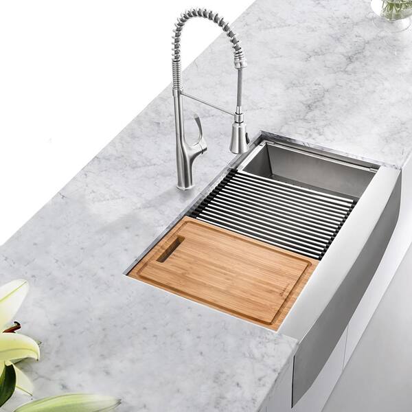 Glacier Bay All In One Apron Front Farmhouse Stainless Steel 36 In 50 50 Double Bowl Workstation Sink With Accessory Kit 4315f The Home Depot