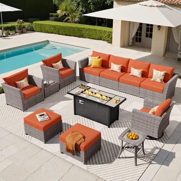 Jasmine 12-Piece Wicker Patio Rectangular Fire Pit Set with Orange Red Cushions and Swivel Rocking Chairs