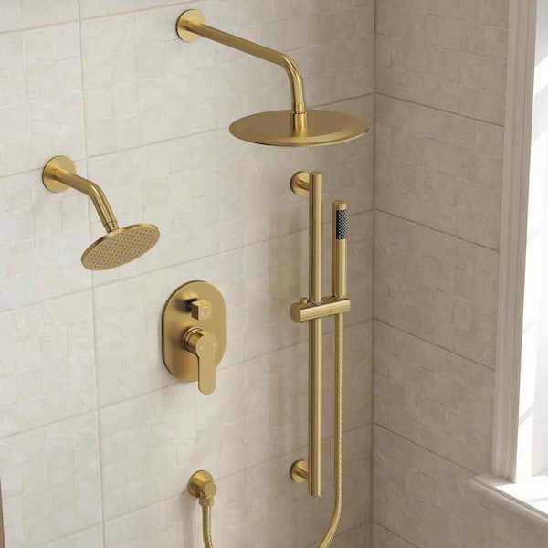 3-Spray Dual Wall Mount 10 in. Fixed and Handheld Shower Head 2.5 GPM 3 in 1 Showers with Valve in Brushed Gold