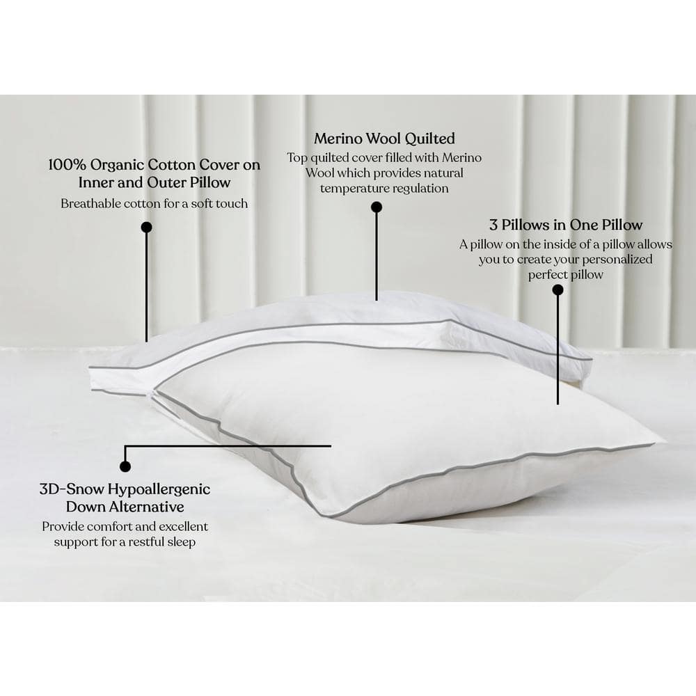King Size White Merino Wool Quilted Adjustable Pillow with Organic Cotton Cover