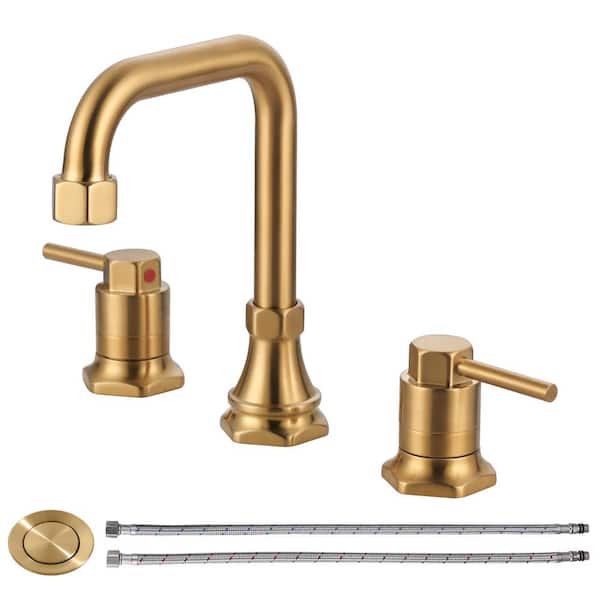 3 Hole 8 in. Widespread Double Handle Bathroom Faucet with Pop up Drain and Hose in Gold (1-Pack)