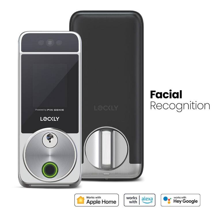 Lockly Visage Facial Recognition Zeno Satin Nickel Deadbolt Wi-Fi Smart Lock, Home Key, Fingerprint, Keypad, Siri/Alexa/Google