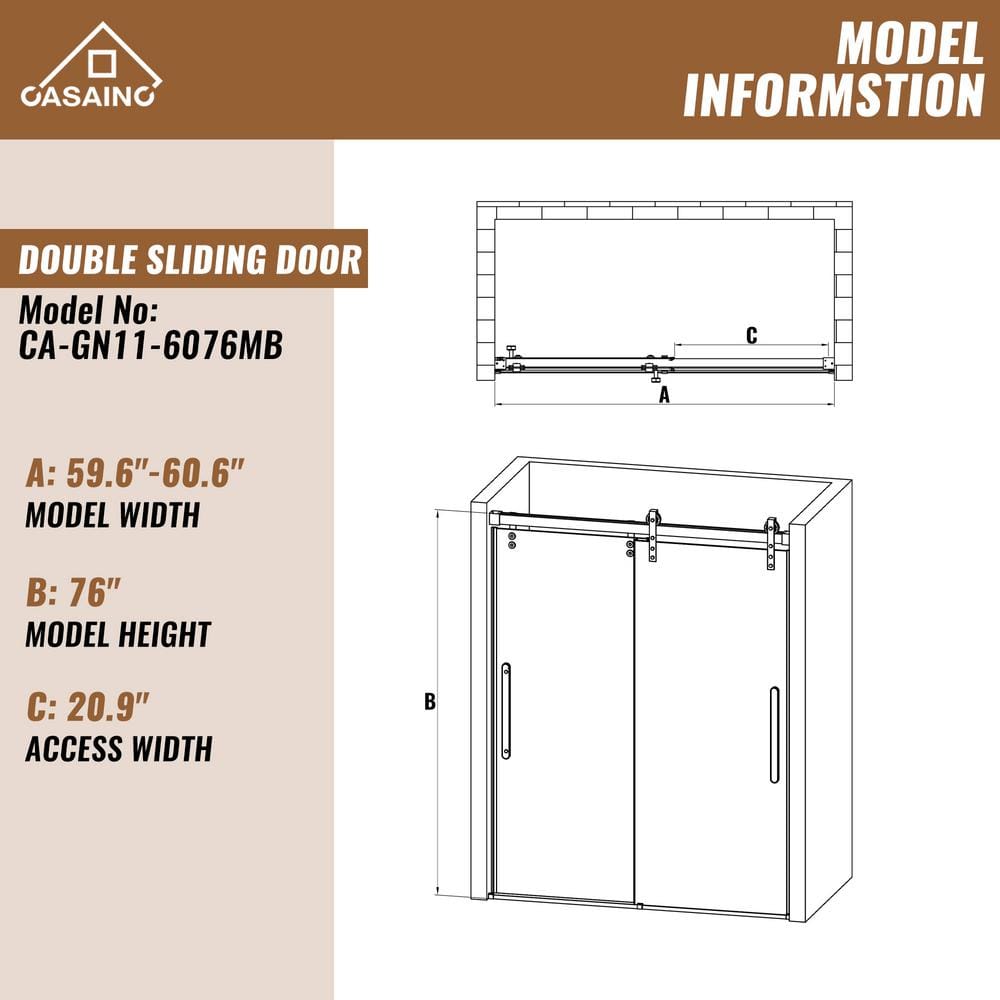 60" x 76" Frameless Black Sliding Shower Door with Tempered Glass