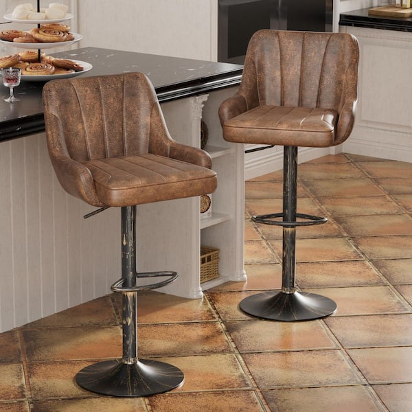 Swivel Adjustable Bar Stools 22.1 in. Brown Low Back Metal Bar Stools Counter Stools Faux Leather Bar Chairs Set of 2