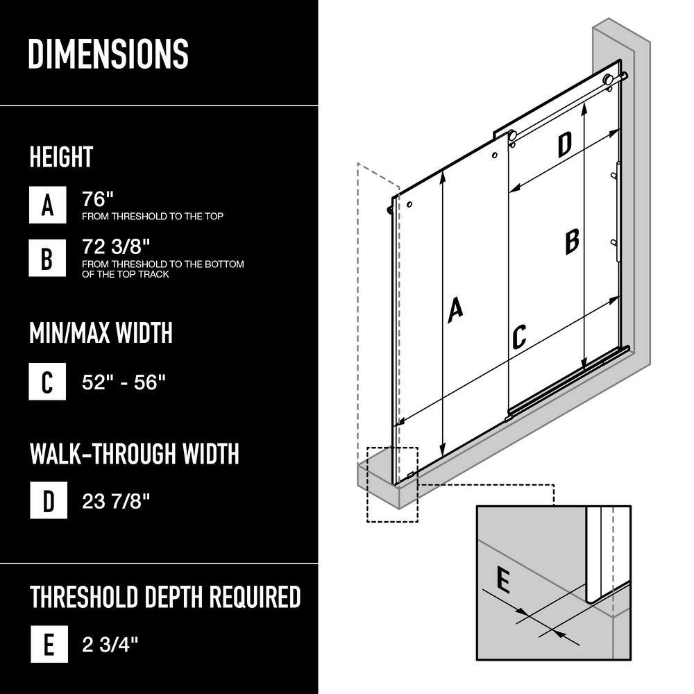 Elan E-Class Matte Black Frameless Sliding Shower Door 52-56" W x 76" H