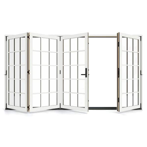 JELD-WEN W5500 124 in. x 80 in. Modern White RightHand/Outswing Aluminum CladWood 4Panel Prehung Folding Patio Door w/15Lite Grid