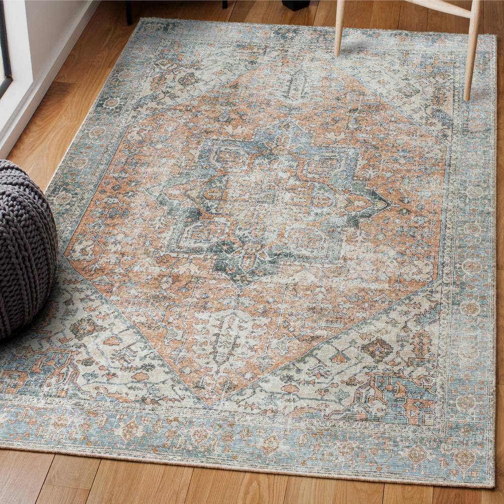 Armae Distressed Blue and Orange Chenille Washable Area Rug