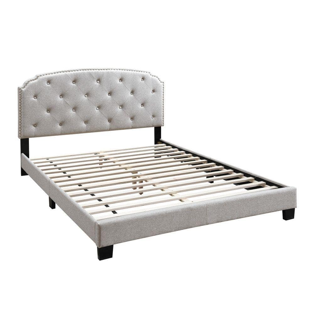 Benjara Gray Wooden Frame Queen Platform Bed with Button Tufted Scalloped Headboard -  BM232036