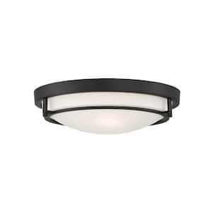 Meridian 13 in. W x 4 in. H 2-Light Semi-Flush Mount with Matte Black Metal Ring and White Glass Shade