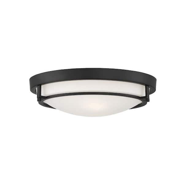 Savoy House Meridian 13 in. W x 4 in. H 2-Light Semi-Flush Mount with Matte Black Metal Ring and White Glass Shade