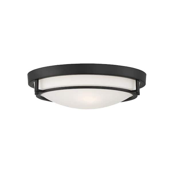 TUXEDO PARK LIGHTING 13 in. W x 4 in. H 2-Light Semi-Flush Mount with Matte Black Metal Ring and White Glass Shade